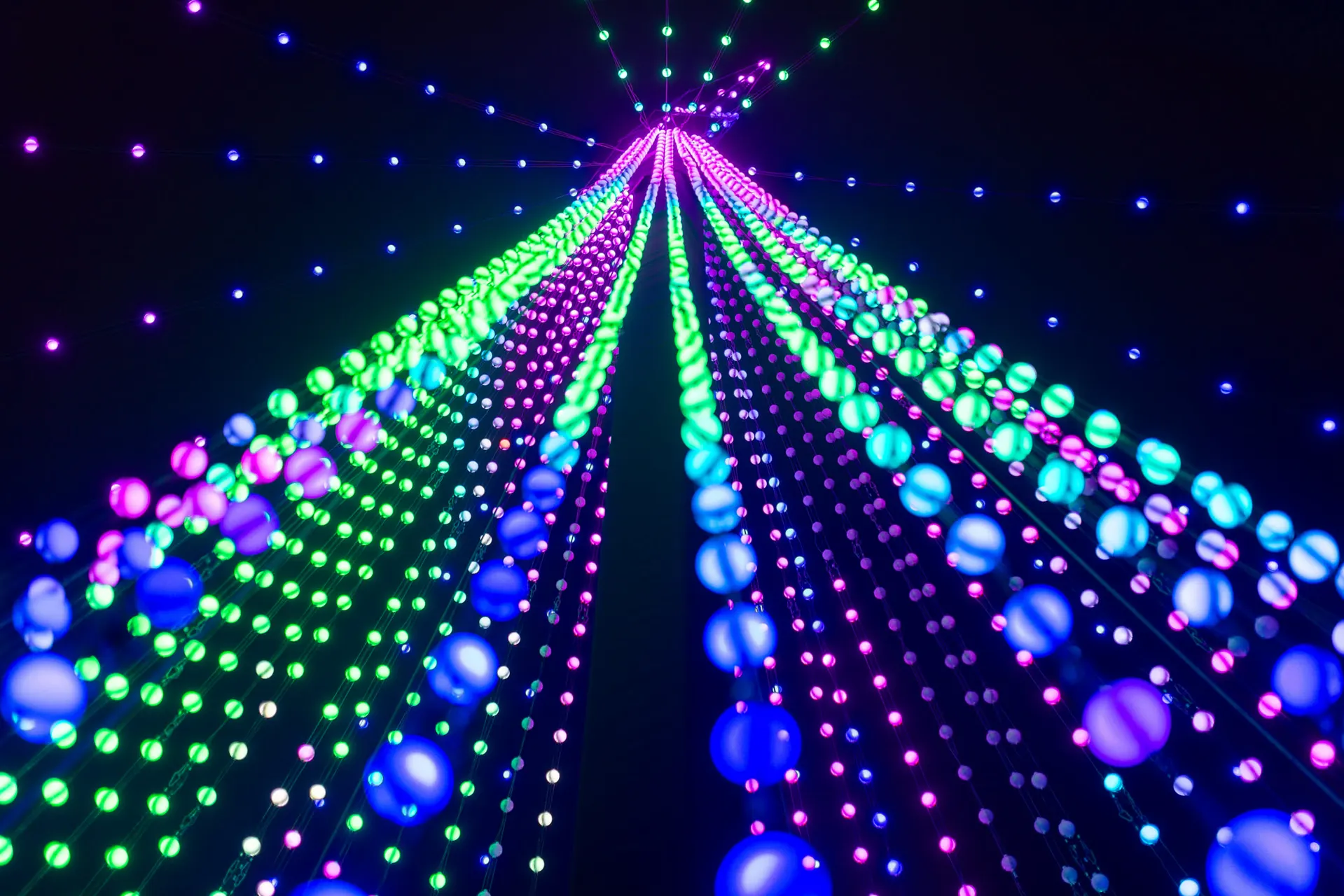 Colourful suspended light installation reaching into the night sky